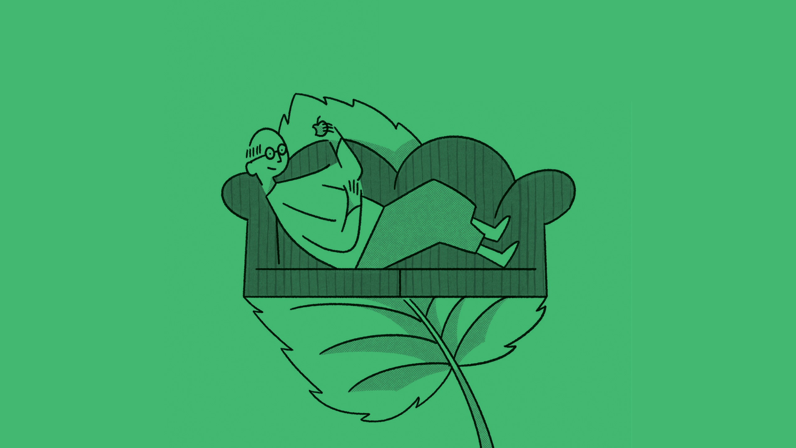 Illustration of a person lying on a couch, which is supported by a large leaf, set against a solid green background.