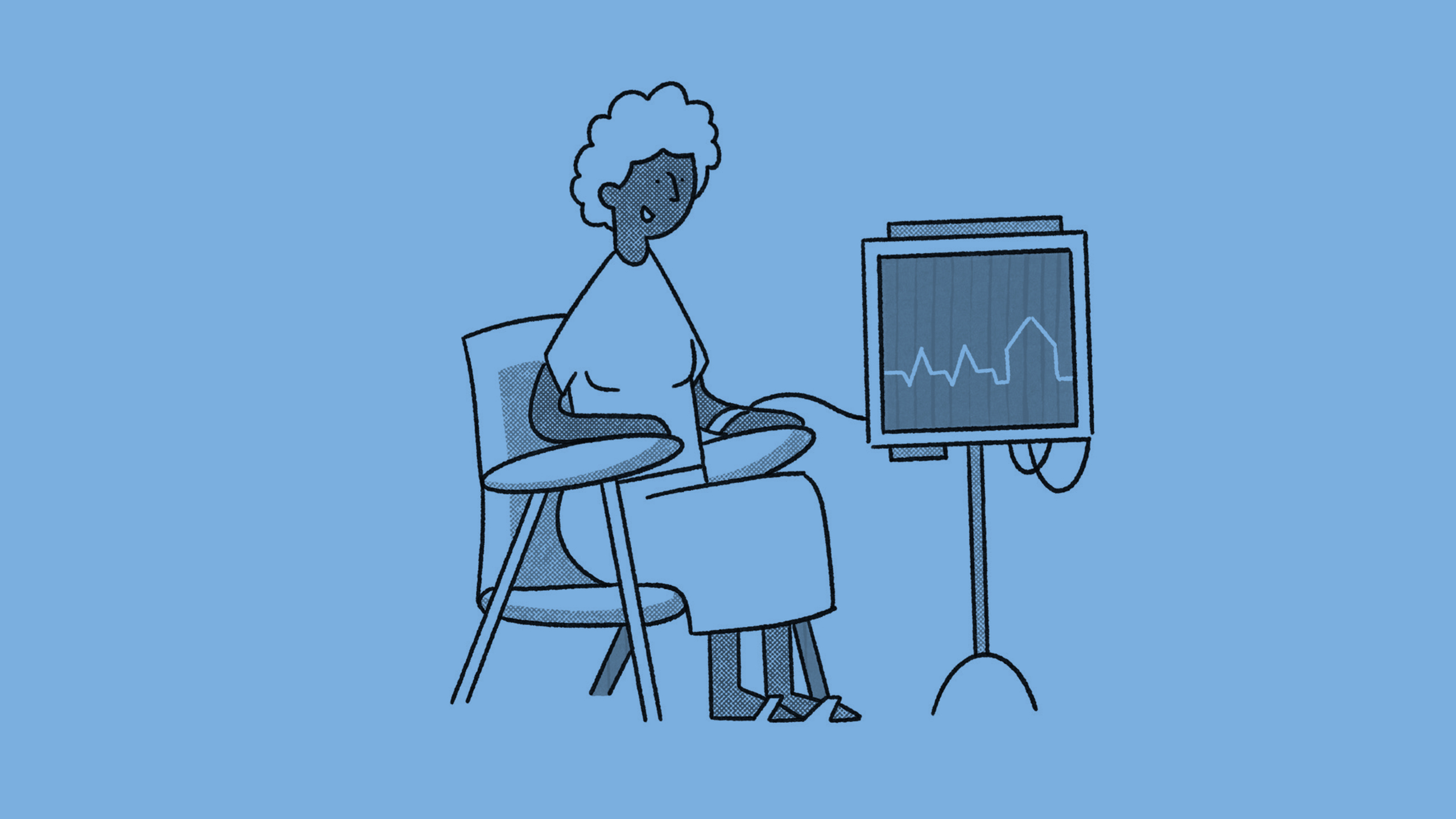 Illustration of a person sitting in a chair with a medical monitor beside them displaying a line graph, set against a blue background