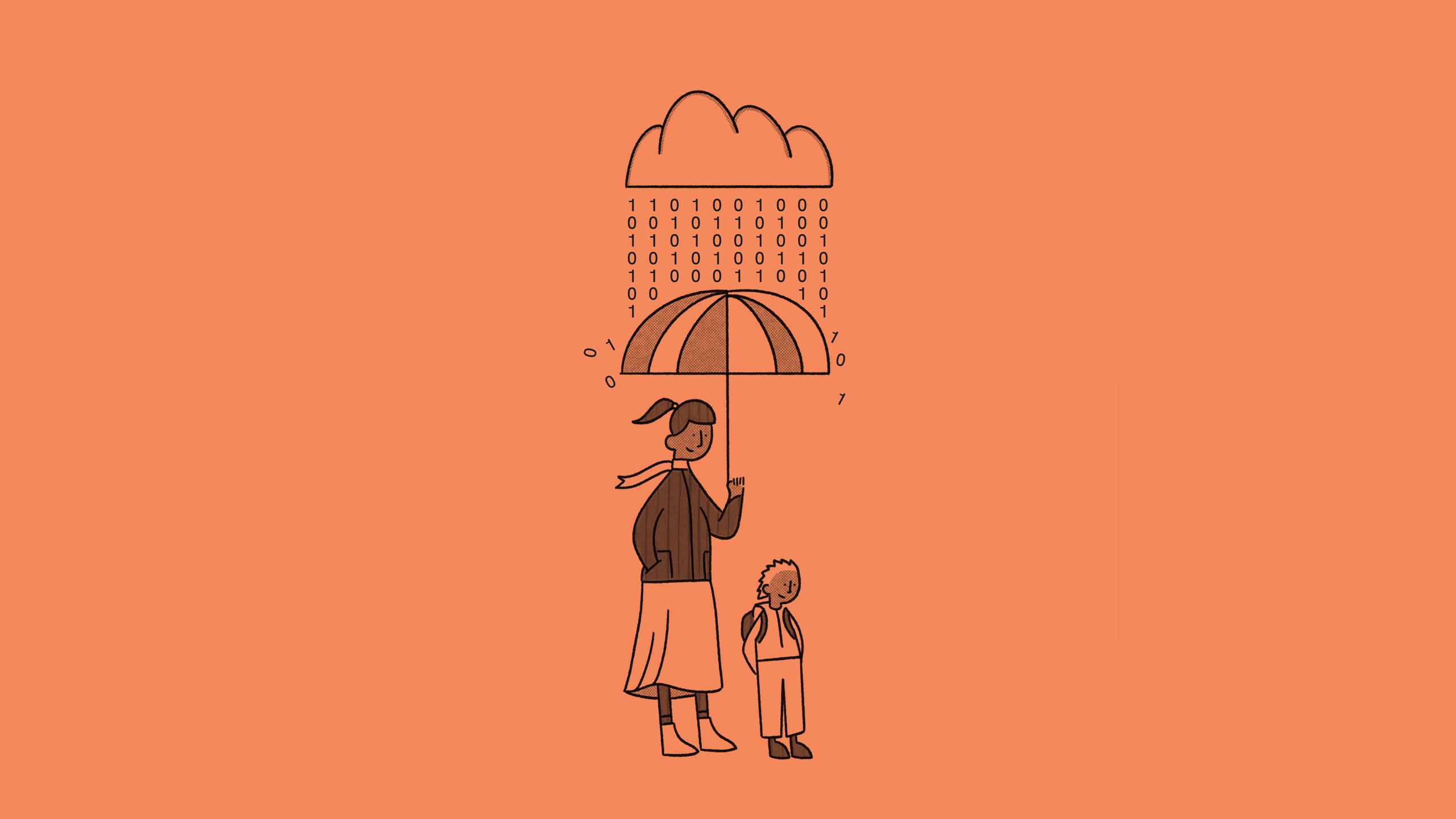 “Illustration of an adult holding an umbrella over a child, shielding them from binary code rain falling from a cloud, set against an orange background.