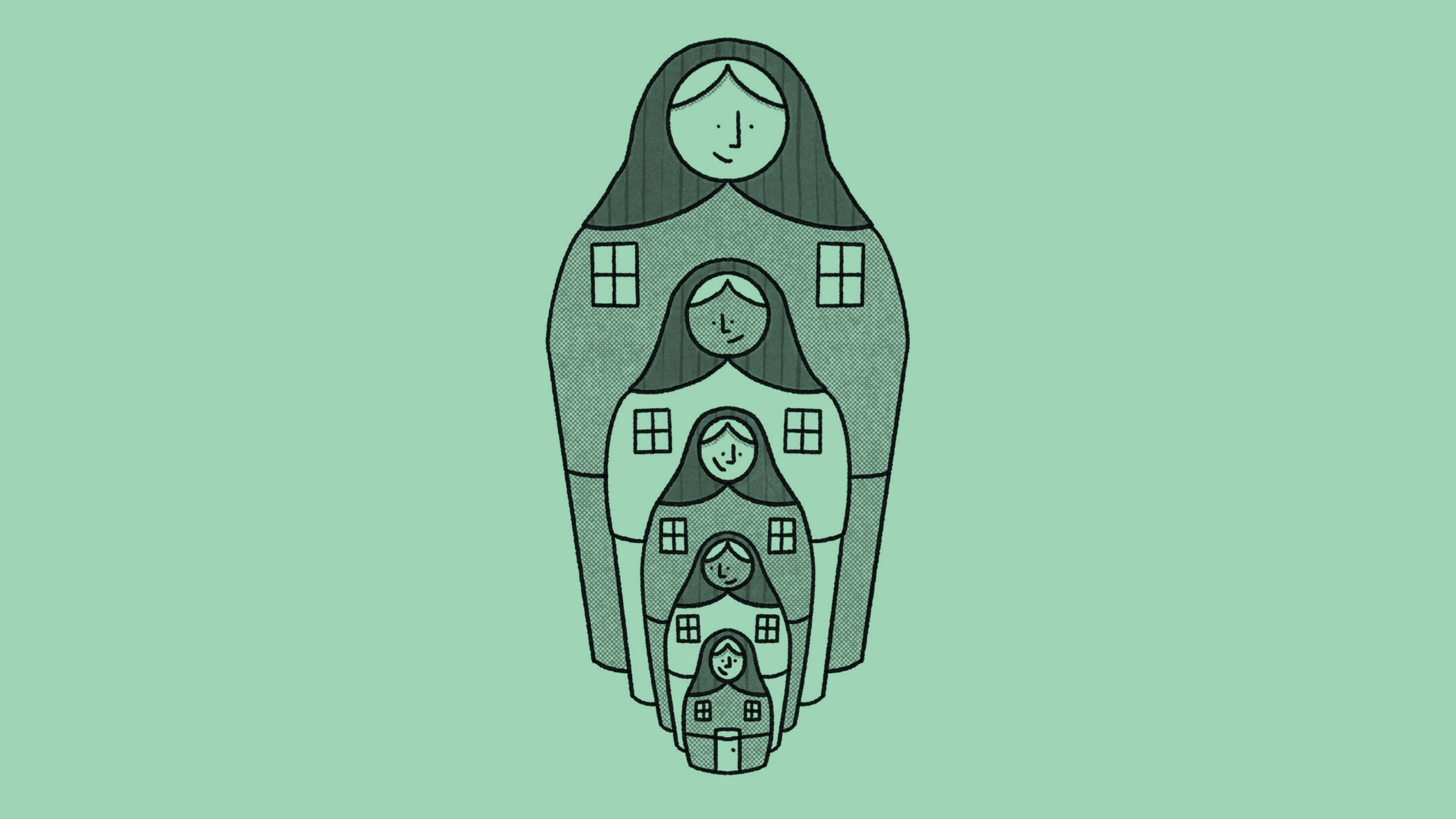 Illustration of five nested figures, each shaped like a house with windows, set against a light green background.
