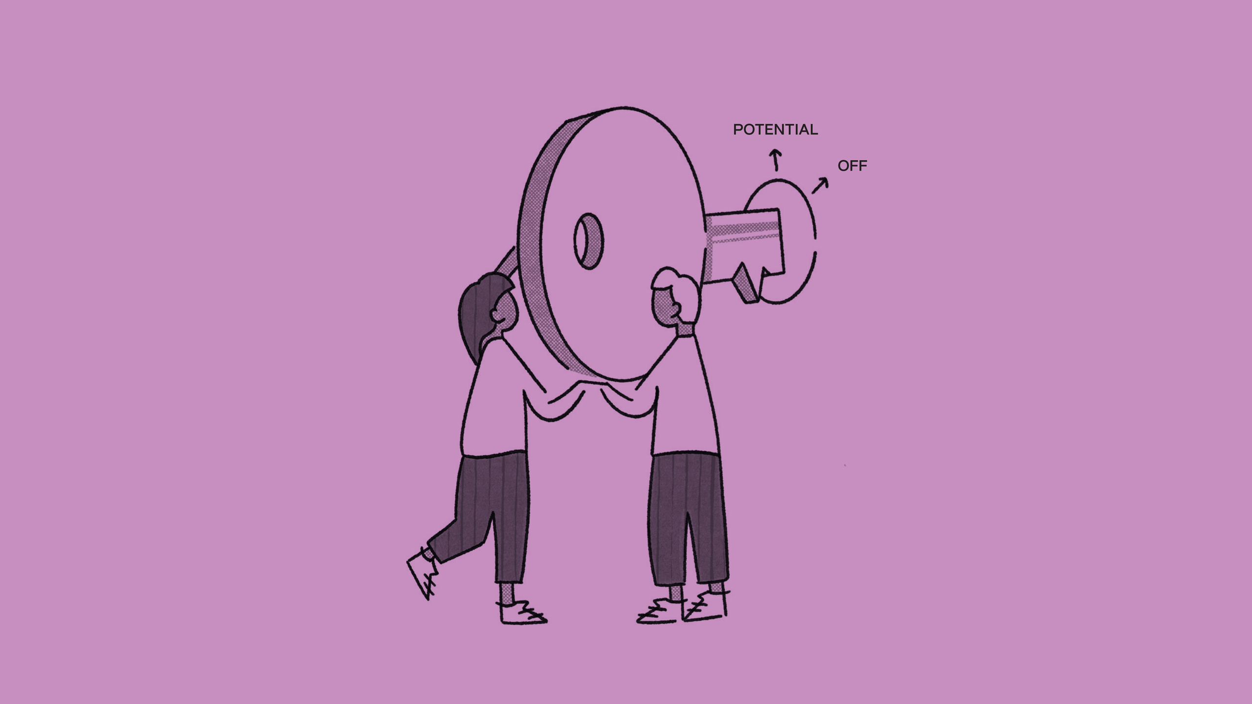 Illustration of two people holding a large key, with the key’s end resembling a switch labeled ‘Potential’ and ‘Off,’ set against a purple background.