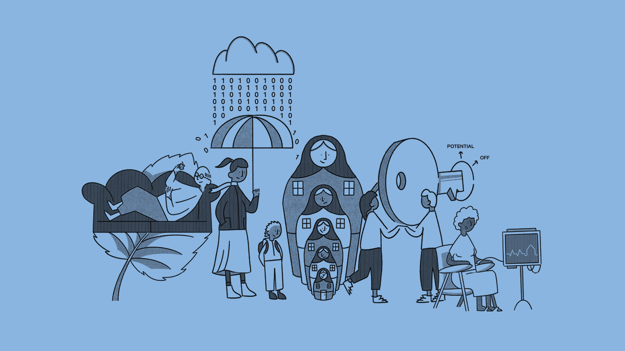 Abstract illustration showing people interacting with symbolic elements